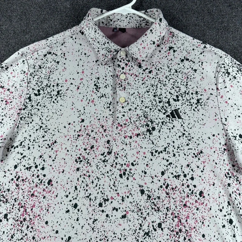 Adidas Polo Shirt Mens L Large White Paint Splatter Pink Black Golf Casual